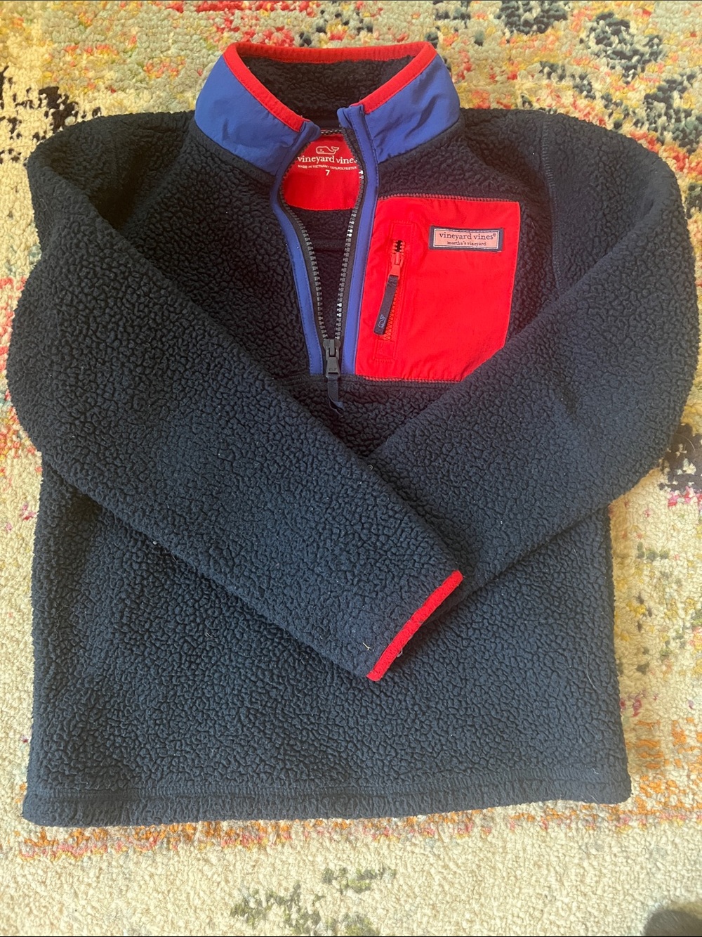 Vineyard Vines Kids Black Sherpa Pullover with Red Pocket & Blue Trim